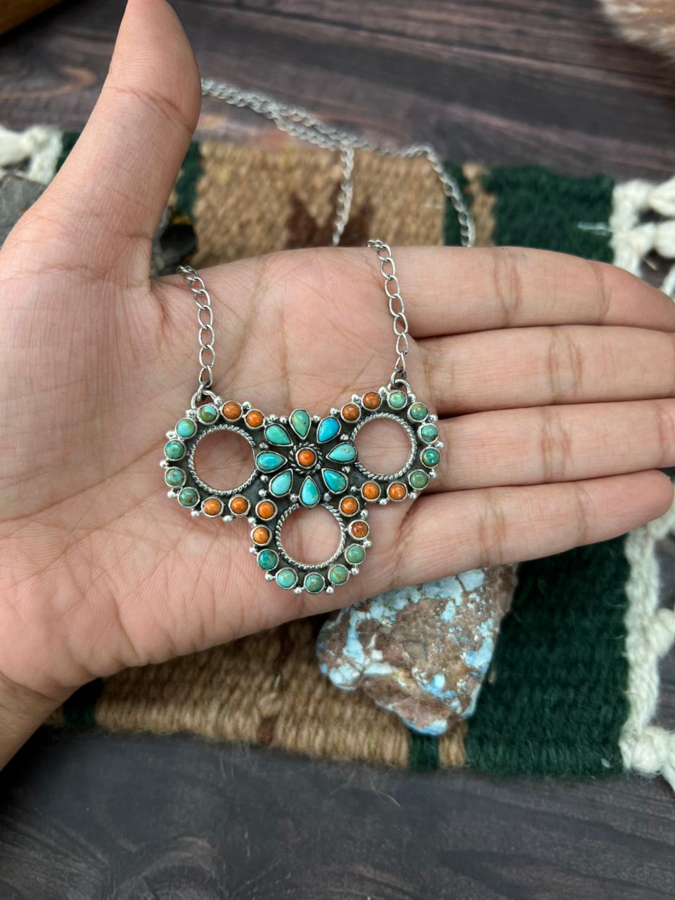 Handmade Sterling Silver Kingman Turquoise with Orange Mojave Necklace "Signed Nizhoni"