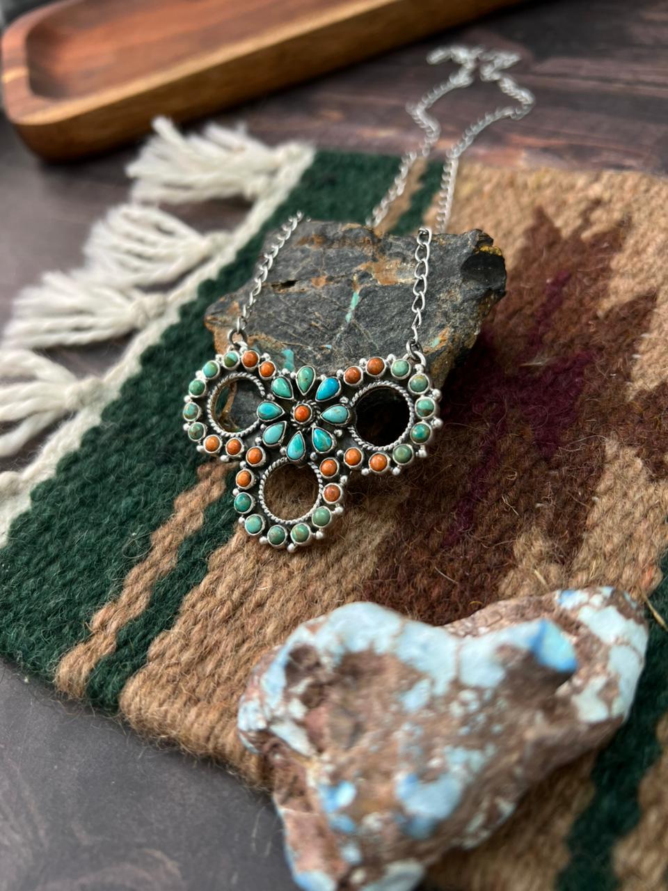 Handmade Sterling Silver Kingman Turquoise with Orange Mojave Necklace "Signed Nizhoni"