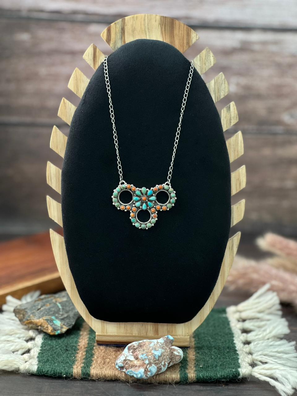 Handmade Sterling Silver Kingman Turquoise with Orange Mojave Necklace "Signed Nizhoni"