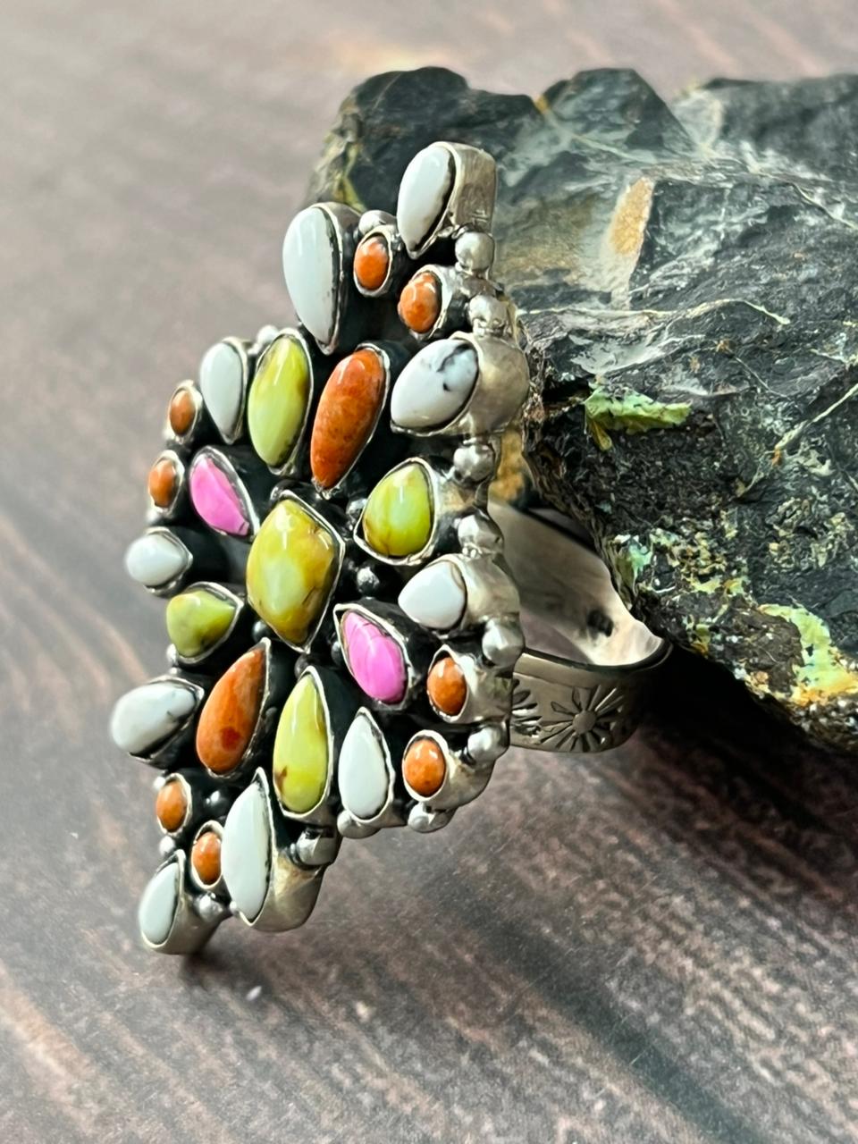 Handmade Sterling Silver Spring Collection: Palomino Turquoise with Orange Mojave, Cotton Candy and White Buffalo Adjustable Ring "Signed Nizhoni"