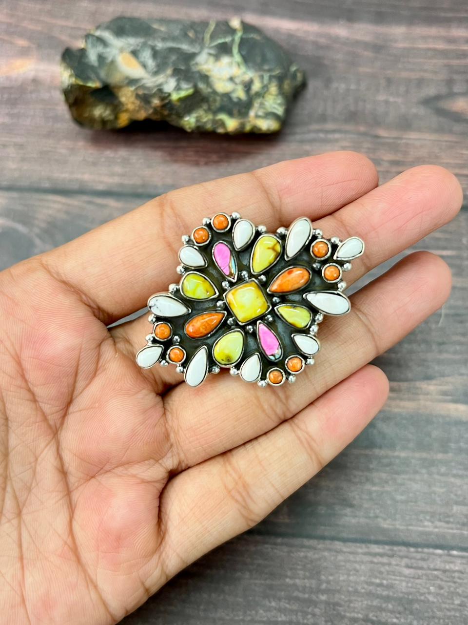 Handmade Sterling Silver Spring Collection: Palomino Turquoise with Orange Mojave, Cotton Candy and White Buffalo Adjustable Ring "Signed Nizhoni"