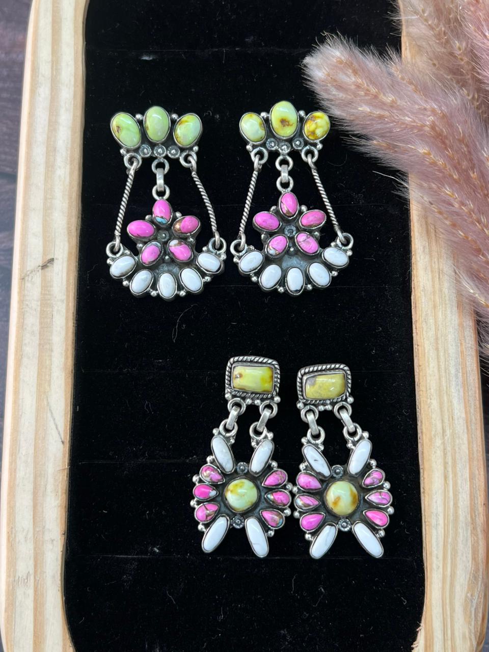 Handmade Sterling Silver Spring Collection: Palomino Turquoise with Cotton Candy and White Buffalo Post Dangle Earrings "Signed Nizhoni"