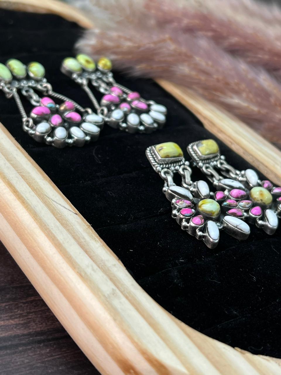 Handmade Sterling Silver Spring Collection: Palomino Turquoise with Cotton Candy and White Buffalo Post Dangle Earrings "Signed Nizhoni"