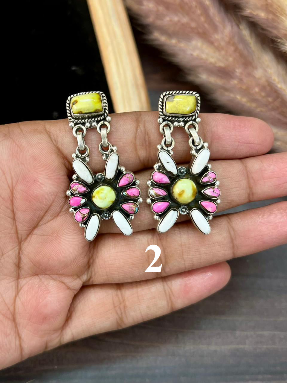 Handmade Sterling Silver Spring Collection: Palomino Turquoise with Cotton Candy and White Buffalo Post Dangle Earrings "Signed Nizhoni"