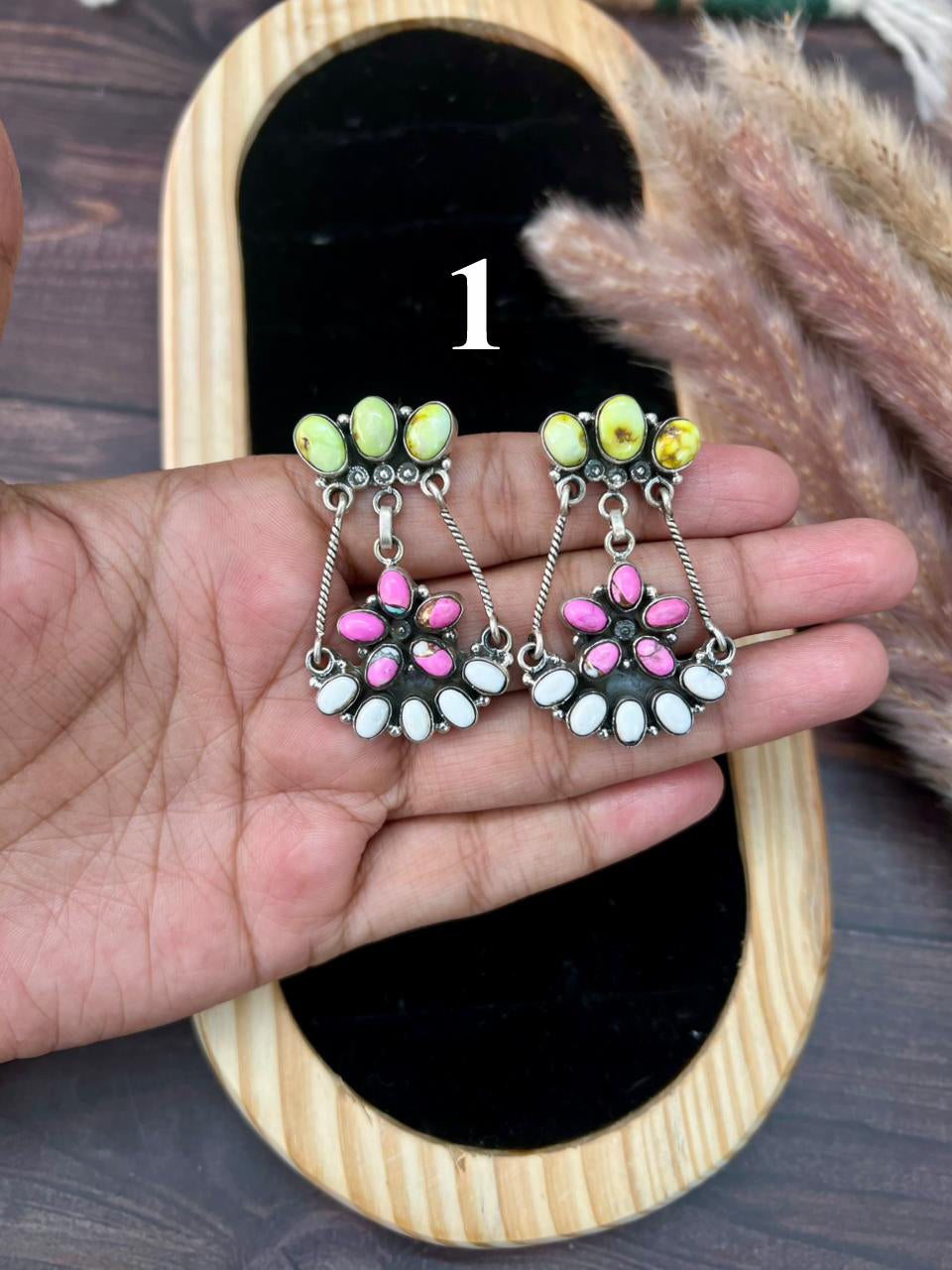 Handmade Sterling Silver Spring Collection: Palomino Turquoise with Cotton Candy and White Buffalo Post Dangle Earrings "Signed Nizhoni"