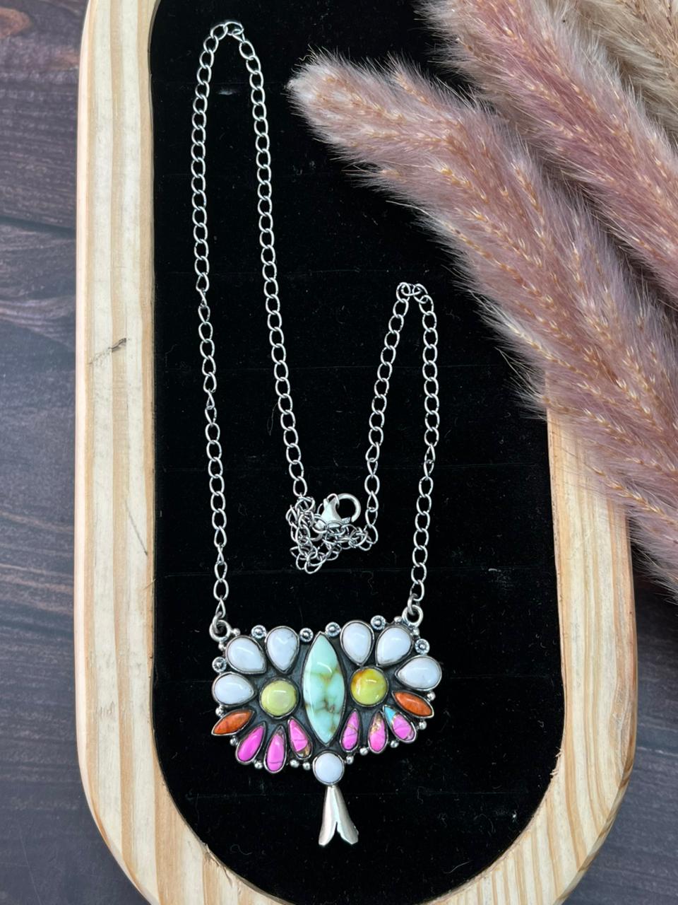 Handmade Sterling Silver Spring Collection: Palomino Turquoise with Cotton Candy, Orange Mojave and White Buffalo Squash Blossom Necklace "Signed Nizhoni"