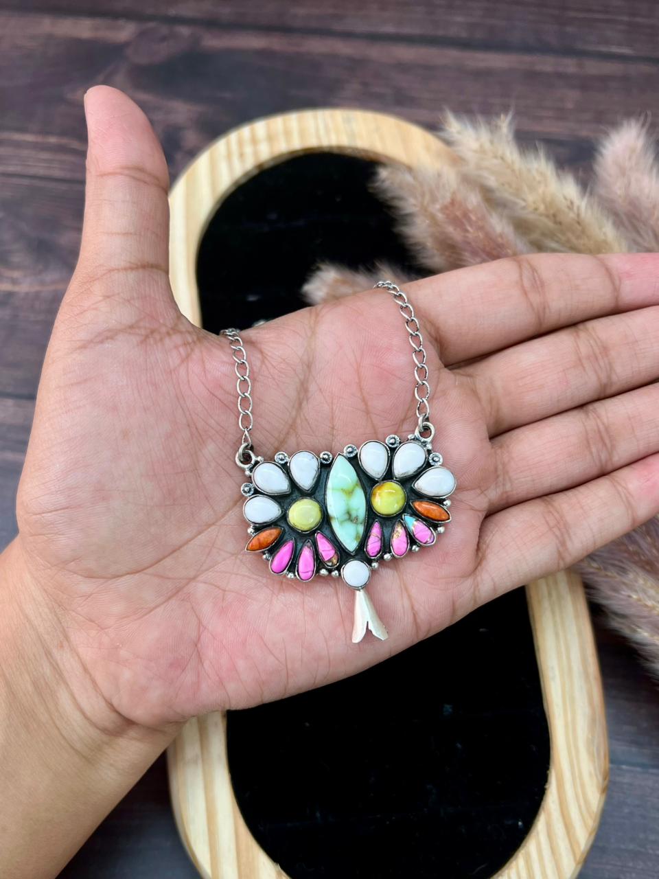 Handmade Sterling Silver Spring Collection: Palomino Turquoise with Cotton Candy, Orange Mojave and White Buffalo Squash Blossom Necklace "Signed Nizhoni"