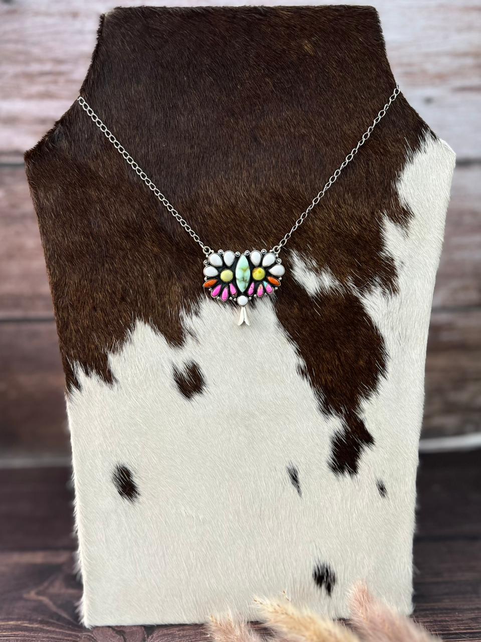 Handmade Sterling Silver Spring Collection: Palomino Turquoise with Cotton Candy, Orange Mojave and White Buffalo Squash Blossom Necklace "Signed Nizhoni"