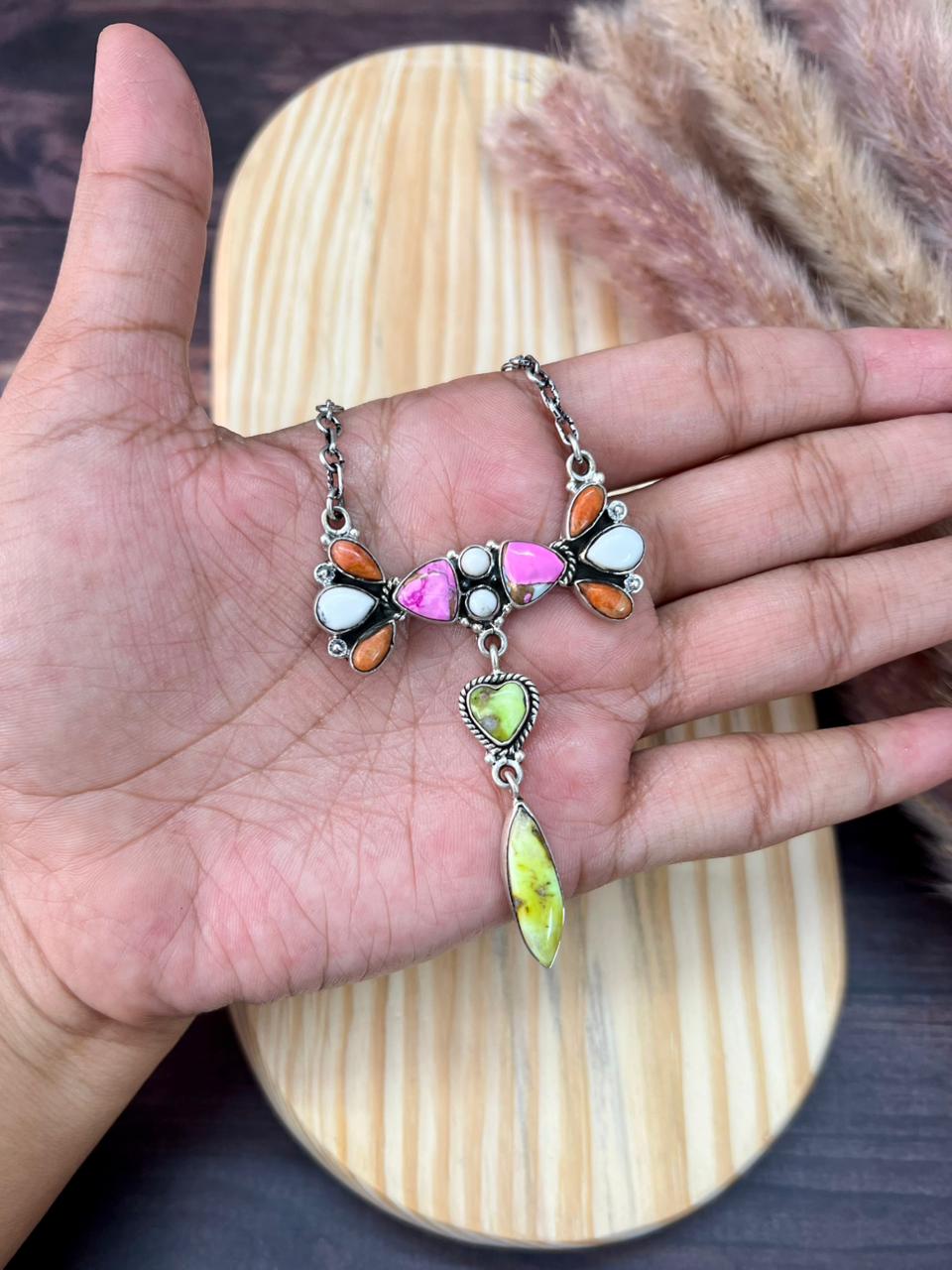 Handmade Sterling Silver Spring Collection: Palomino Turquoise with Cotton Candy, Orange Mojave and White Buffalo Necklace "Signed Nizhoni"