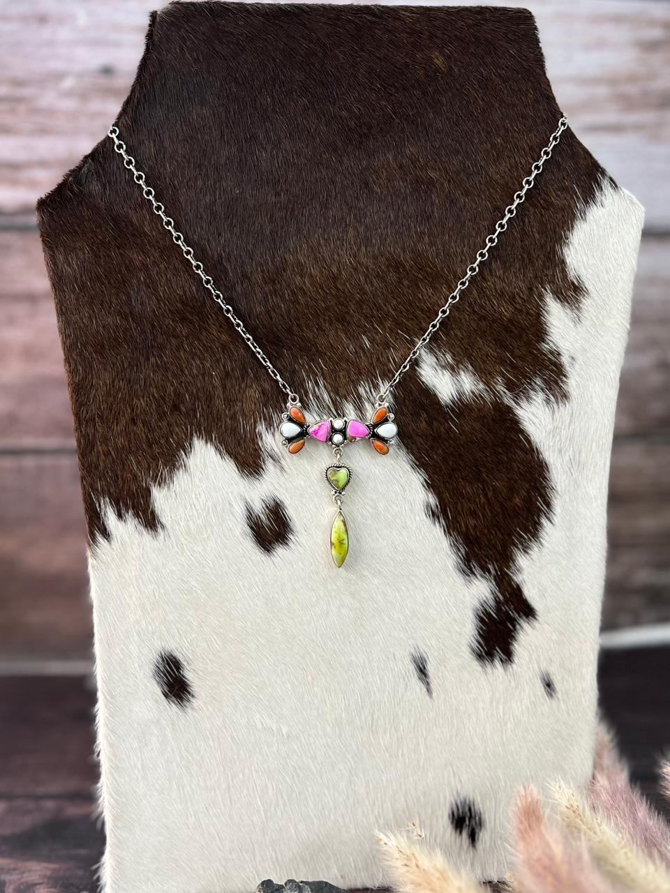 Handmade Sterling Silver Spring Collection: Palomino Turquoise with Cotton Candy, Orange Mojave and White Buffalo Necklace "Signed Nizhoni"