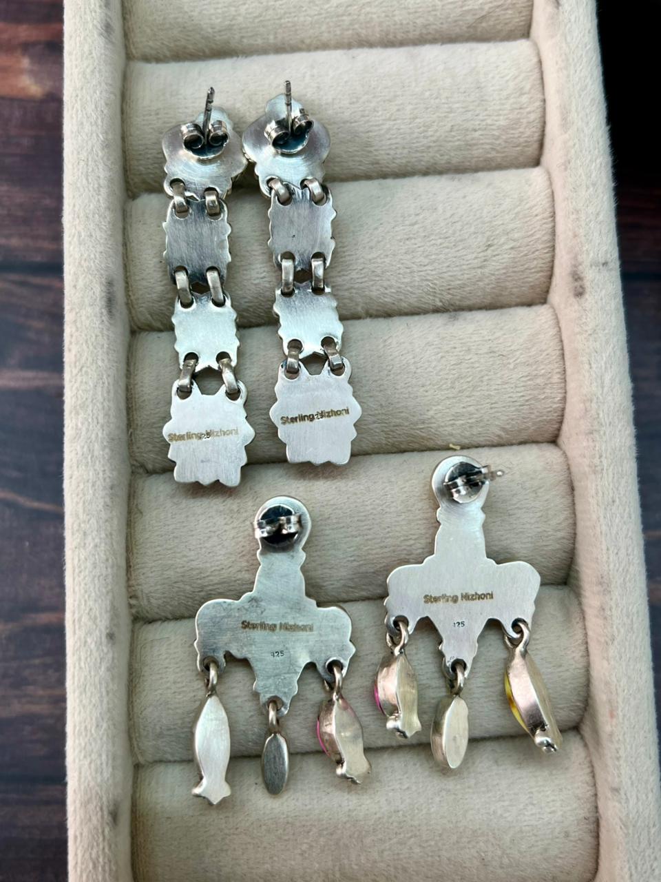 Handmade Sterling Silver Spring Collection: Palomino Turquoise with Cotton Candy and White Buffalo Post Dangle Earrings "Signed Nizhoni"