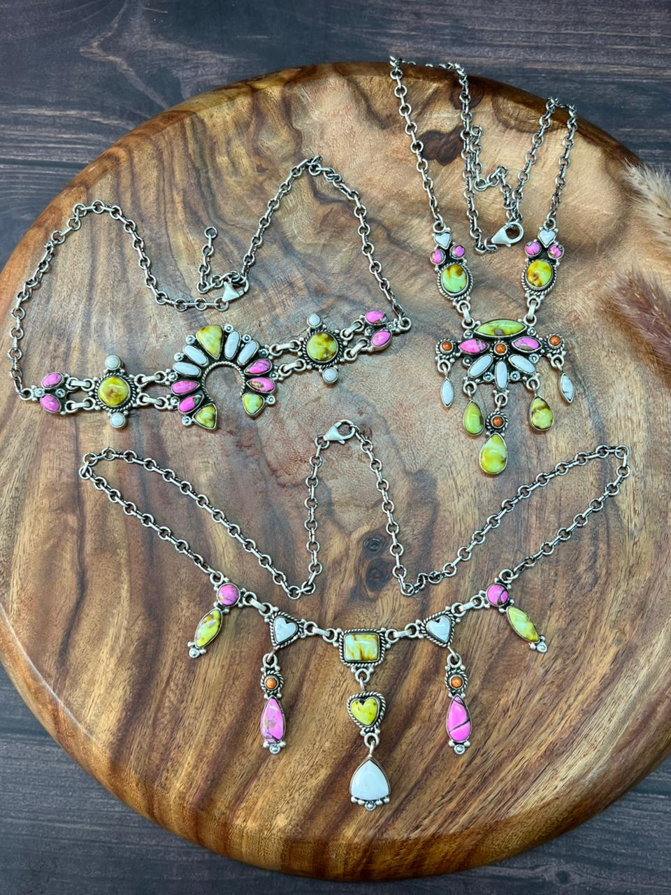 Handmade Sterling Silver Spring Collection: Palomino Turquoise with Cotton Candy, Orange Mojave and White Buffalo Necklace "Signed Nizhoni"