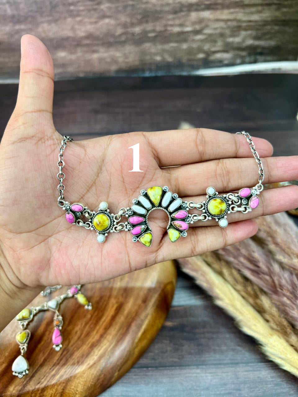 Handmade Sterling Silver Spring Collection: Palomino Turquoise with Cotton Candy, Orange Mojave and White Buffalo Necklace "Signed Nizhoni"