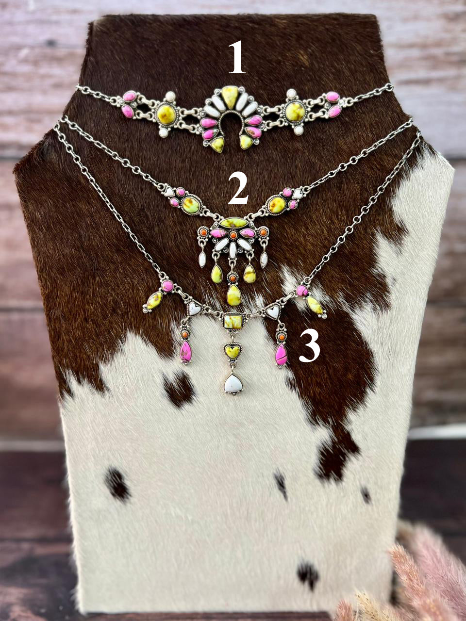 Handmade Sterling Silver Spring Collection: Palomino Turquoise with Cotton Candy, Orange Mojave and White Buffalo Necklace "Signed Nizhoni"