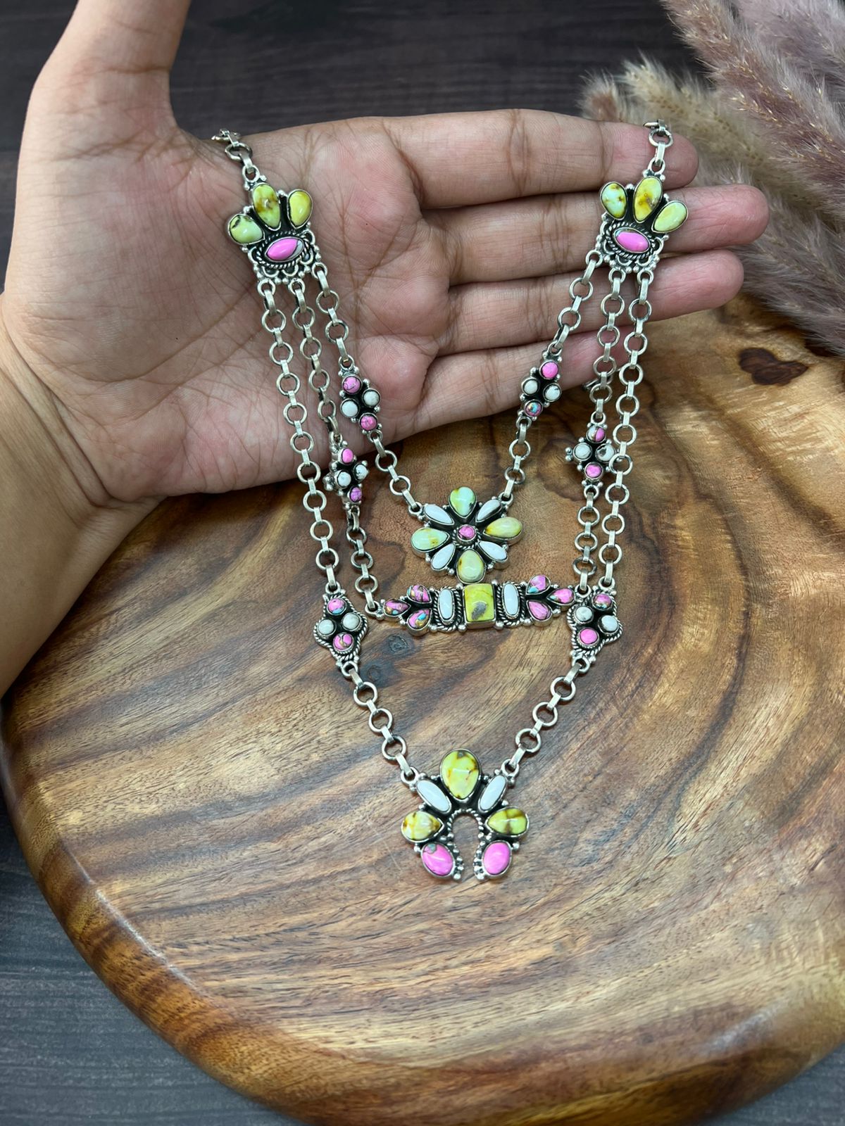 Handmade Sterling Silver Spring Collection: Kingman Turquoise with Cotton Candy and White Buffalo Layerd Necklace "Signed Nizhoni"