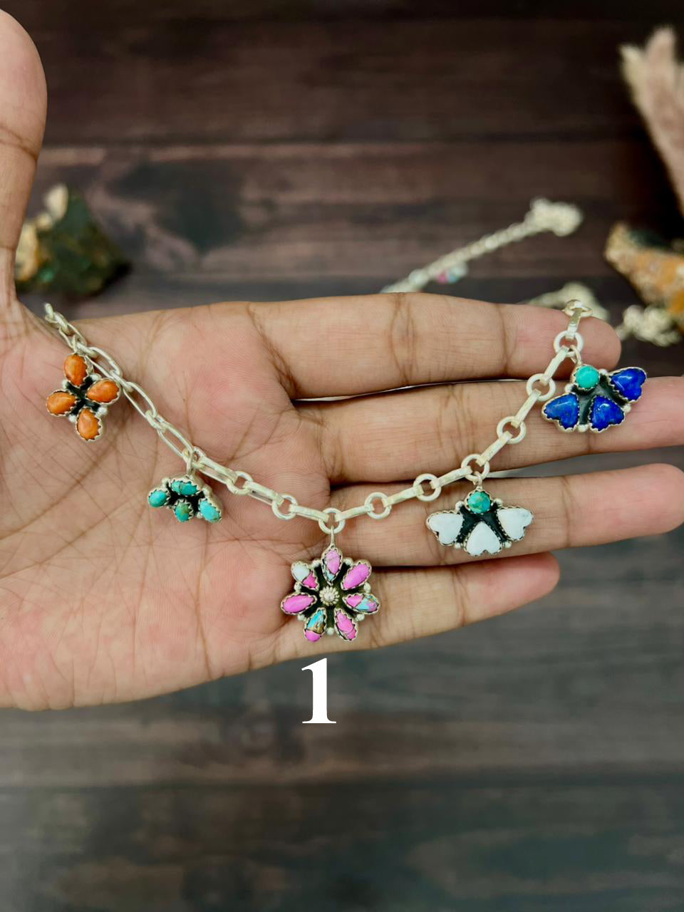 Handmade Sterling Silver Spring Collection: Kingman Turquoise with Cotton Candy, Orange Mojave, Lapis and White Buffalo Necklace "Signed Nizhoni"