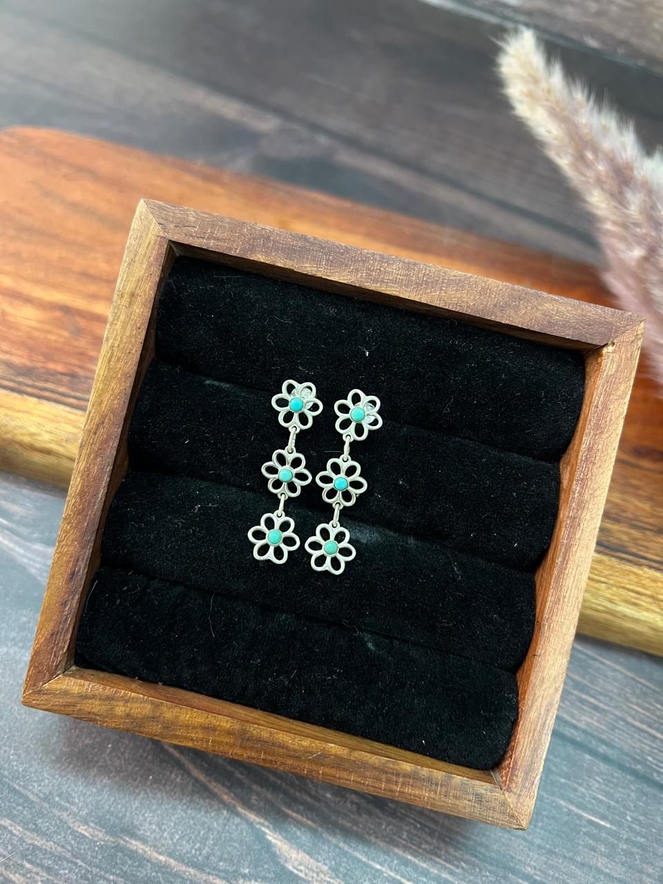 Handmade Sterling Silver Flower Collection: Kingman Turquoise Post Dangle Earrings (6)