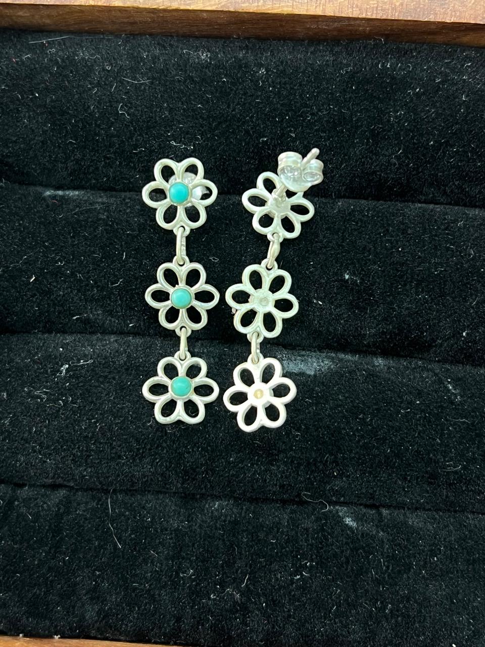 Handmade Sterling Silver Flower Collection: Kingman Turquoise Post Dangle Earrings (6)