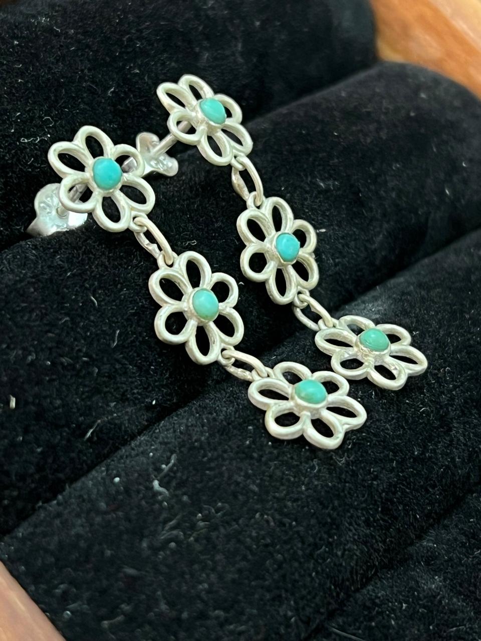 Handmade Sterling Silver Flower Collection: Kingman Turquoise Post Dangle Earrings (6)