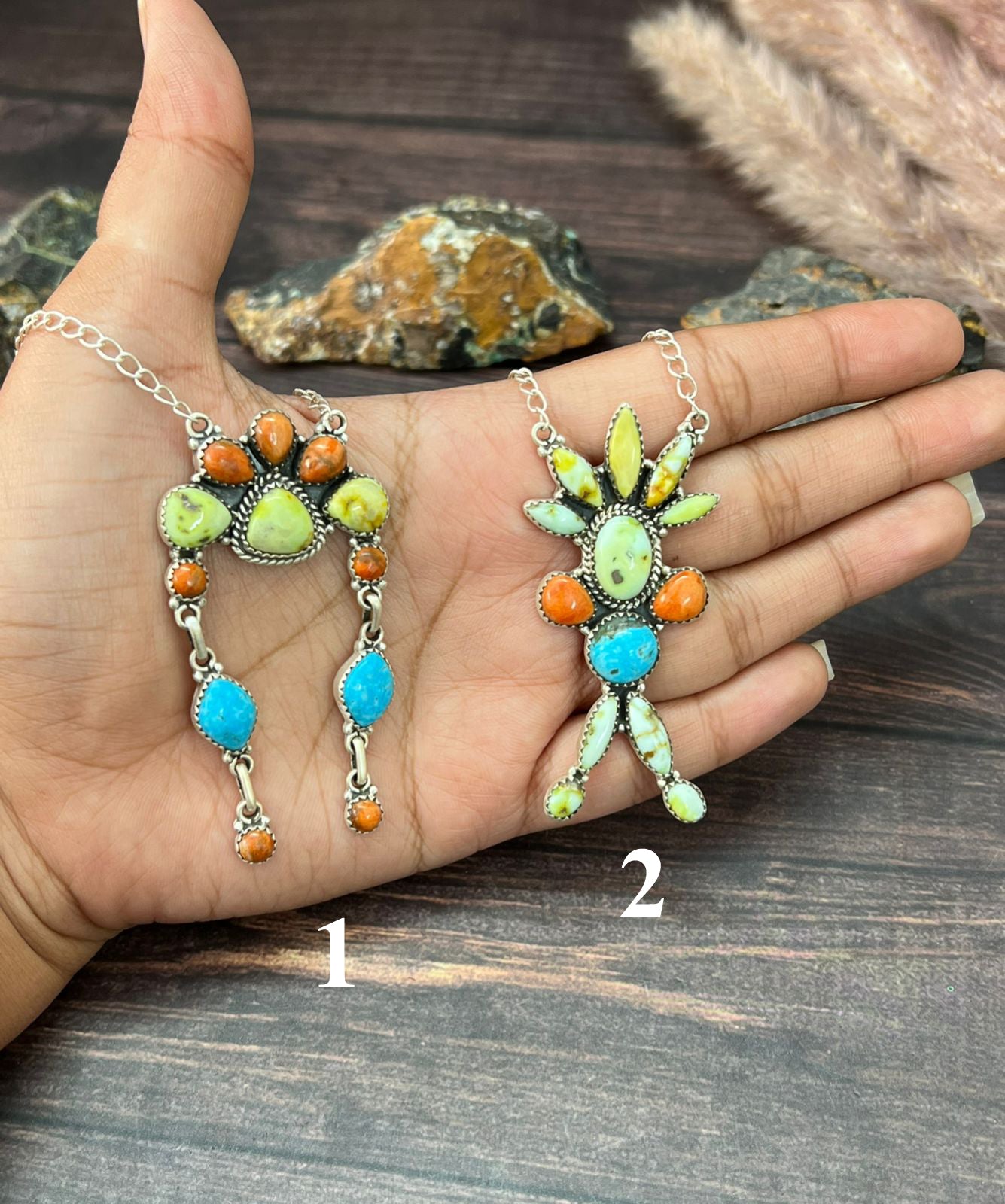Handmade Sterling Silver Multi Stone Collection: Palomino with Orange Mojave and Arizona Blue Turquoise Necklace "Signed Nizhoni"