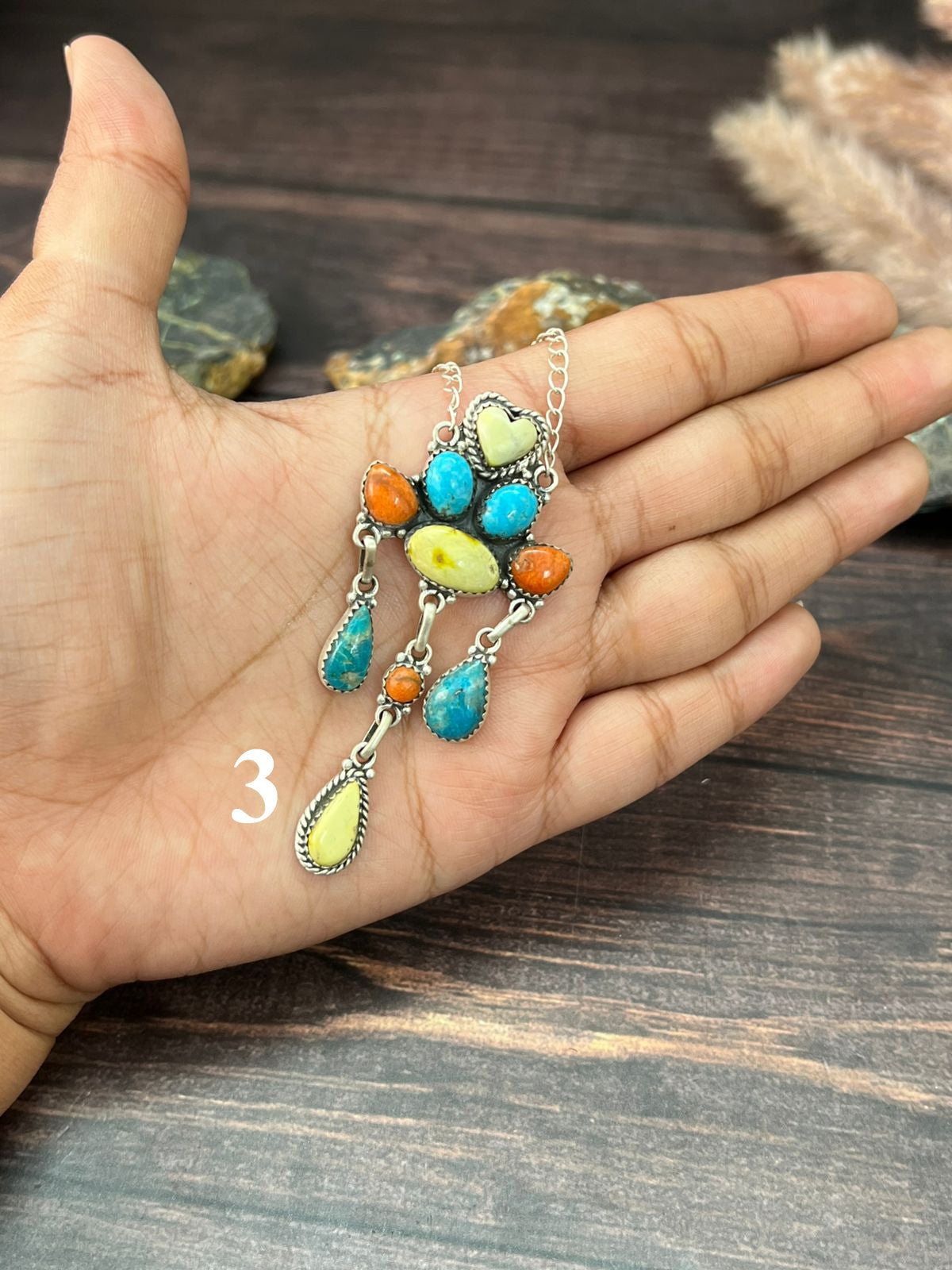 Handmade Sterling Silver Multi Stone Collection: Palomino with Orange Mojave and Arizona Blue Turquoise Necklace "Signed Nizhoni"