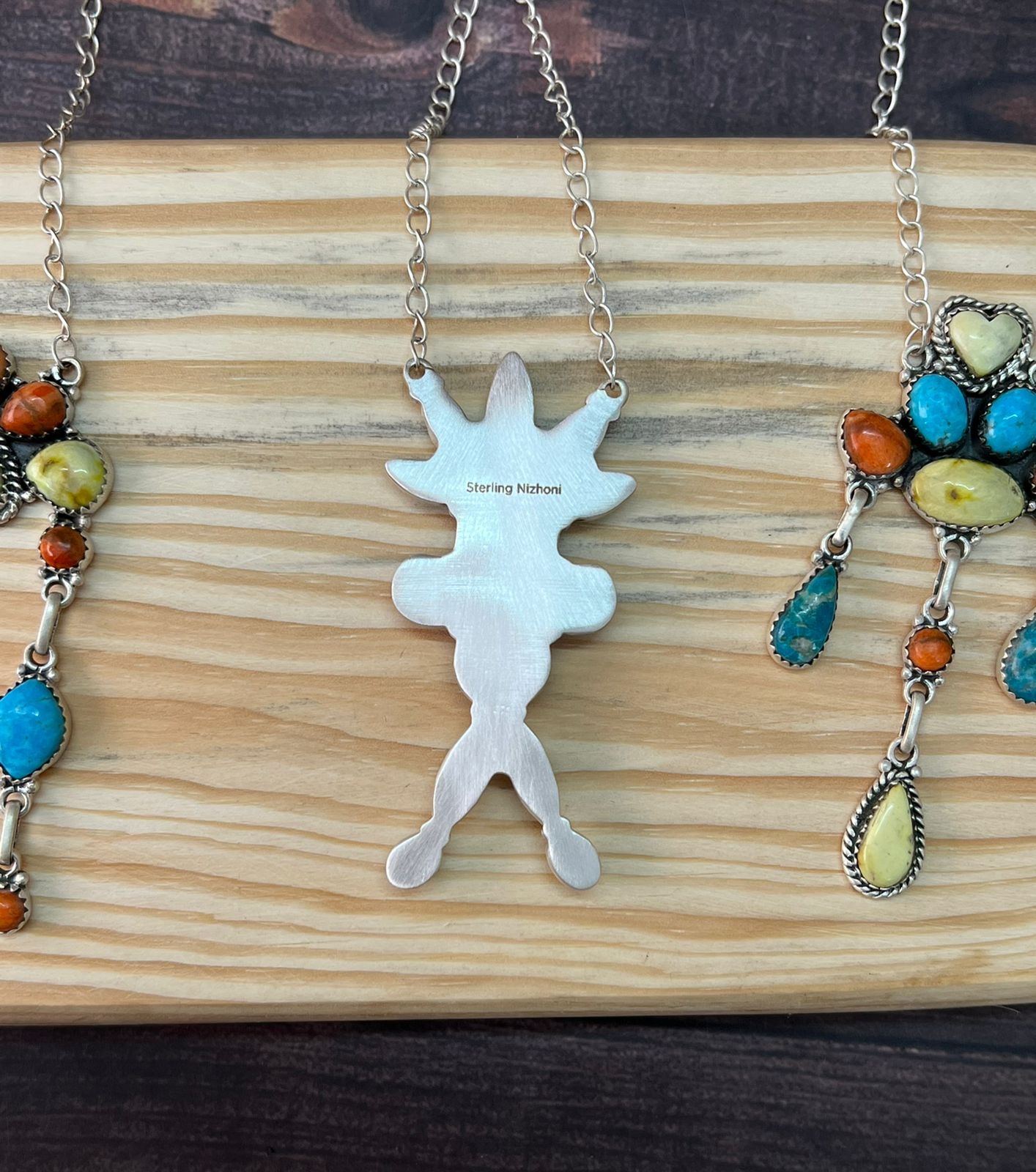 Handmade Sterling Silver Multi Stone Collection: Palomino with Orange Mojave and Arizona Blue Turquoise Necklace "Signed Nizhoni"
