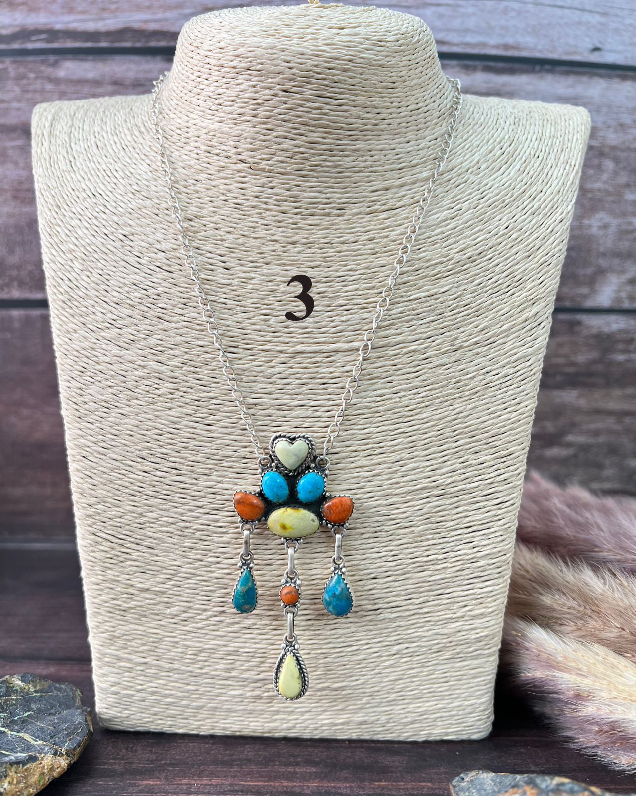 Handmade Sterling Silver Multi Stone Collection: Palomino with Orange Mojave and Arizona Blue Turquoise Necklace "Signed Nizhoni"