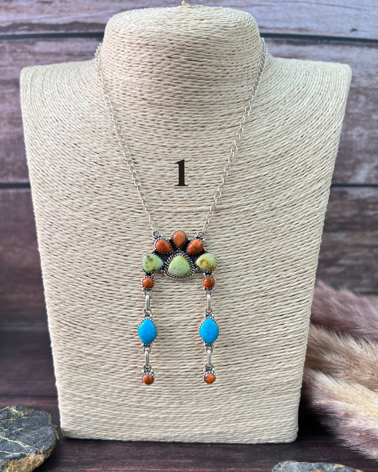 Handmade Sterling Silver Multi Stone Collection: Palomino with Orange Mojave and Arizona Blue Turquoise Necklace "Signed Nizhoni"
