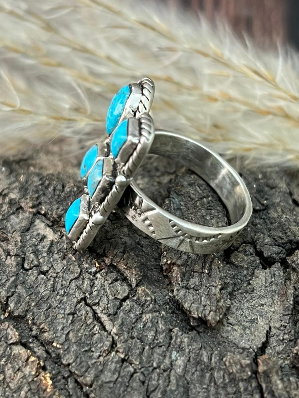 Handmade Sterling Silver Blue Kingman Turquoise Adjustable Ring "Signed Nizhoni"