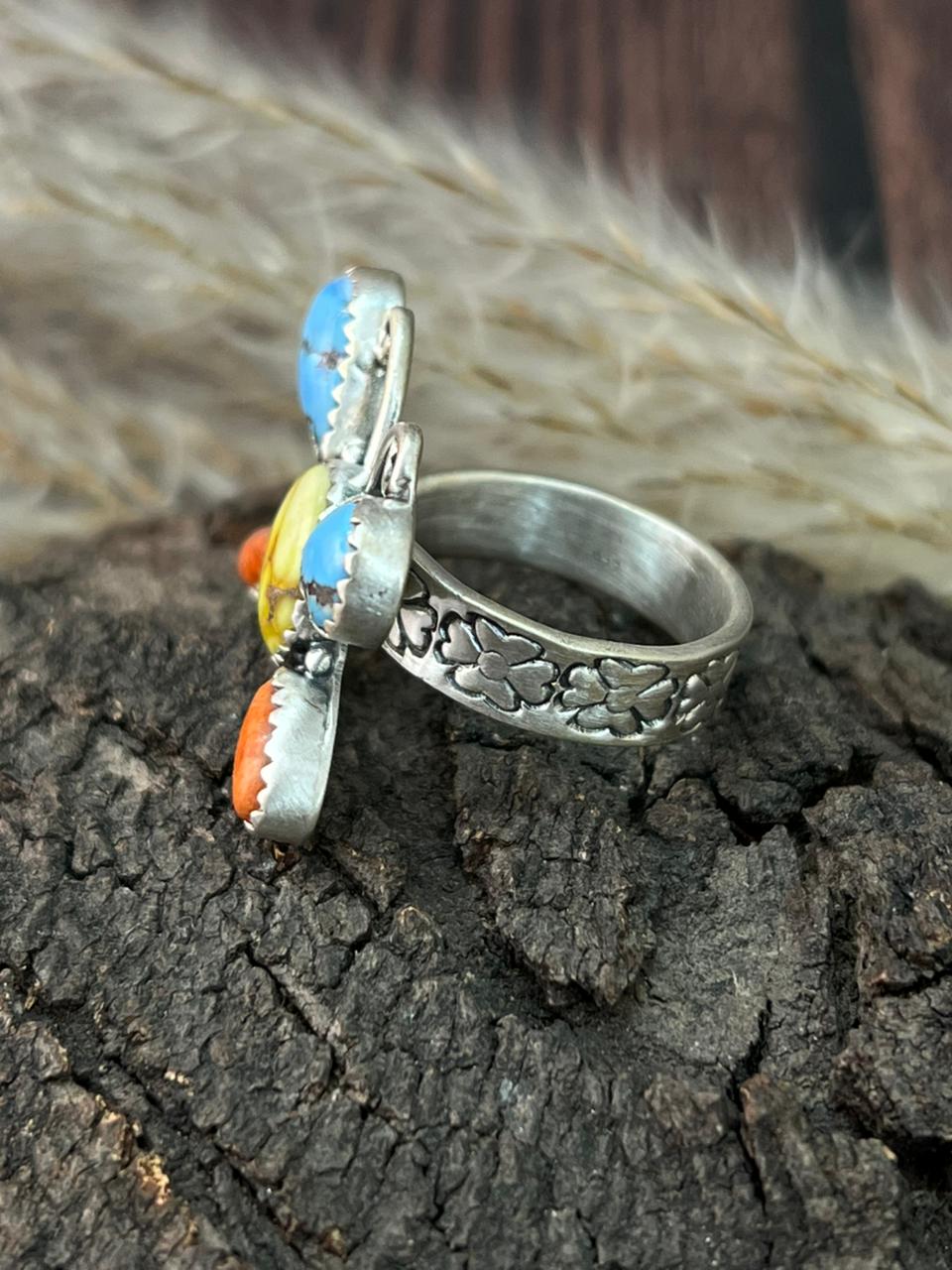 Handmade Sterling Silver Palomino with Golden Hills Turquoise and Orange Mojave Butterfly Adjustable Ring "Signed Nizhoni"
