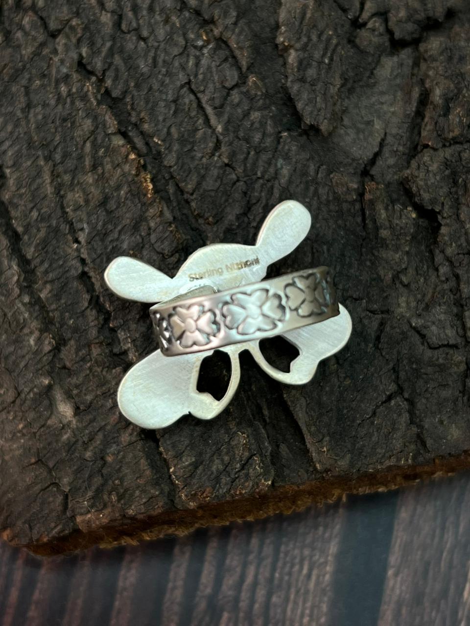 Handmade Sterling Silver Palomino with Golden Hills Turquoise and Orange Mojave Butterfly Adjustable Ring "Signed Nizhoni"