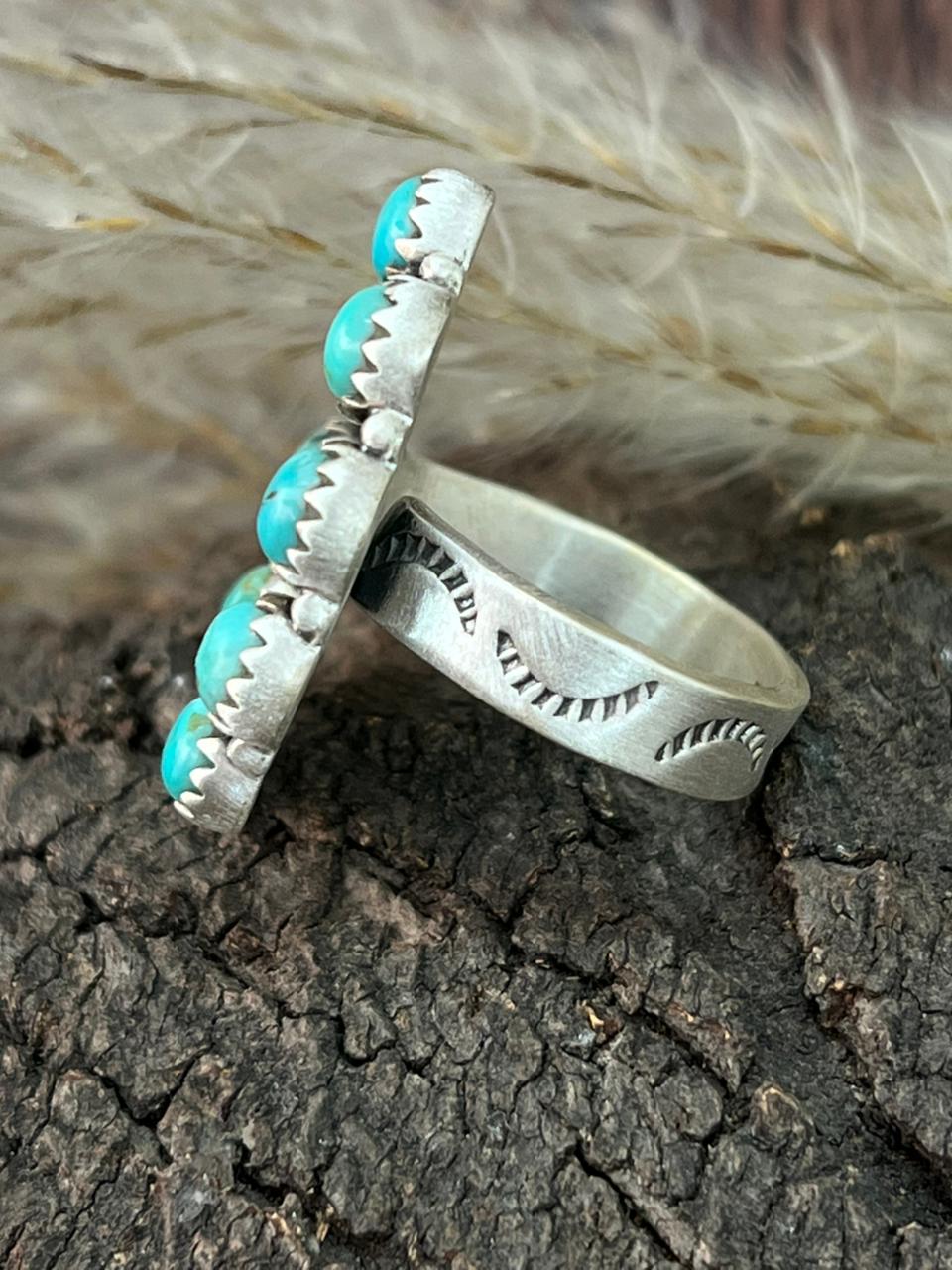 Handmade Sterling Silver Kingman Turquoise Cactus cAdjustable Ring "Signed Nizhoni"