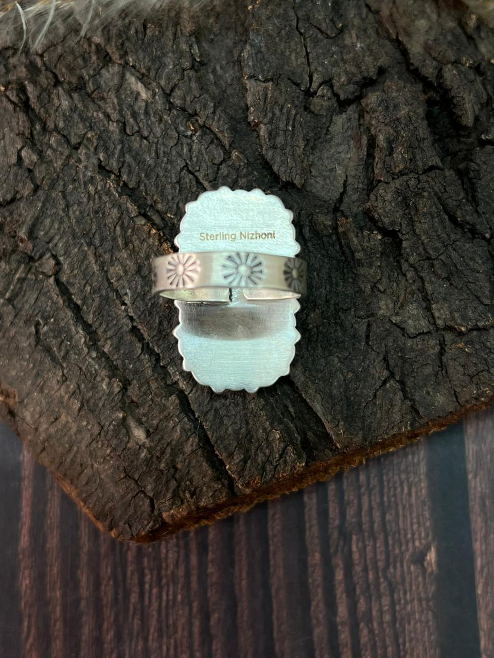 Handmade Sterling Silver Kingman Turquoise with Cotton Candy Adjustable Ring "Signed Nizhoni"