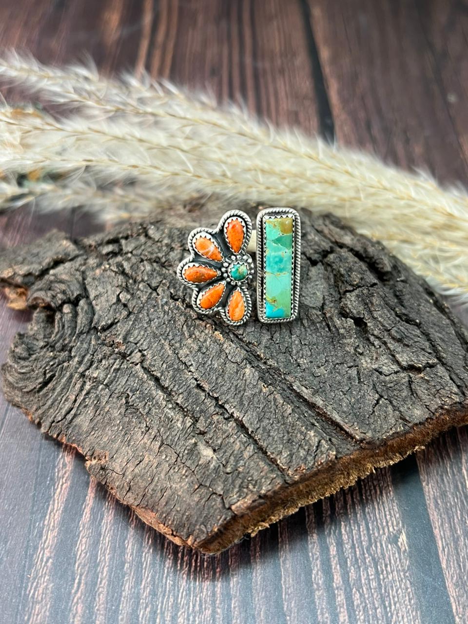 Handmade Sterling Silver Kingman Turquoise with Orange Mojave Adjustable Ring "Signed Nizhoni"