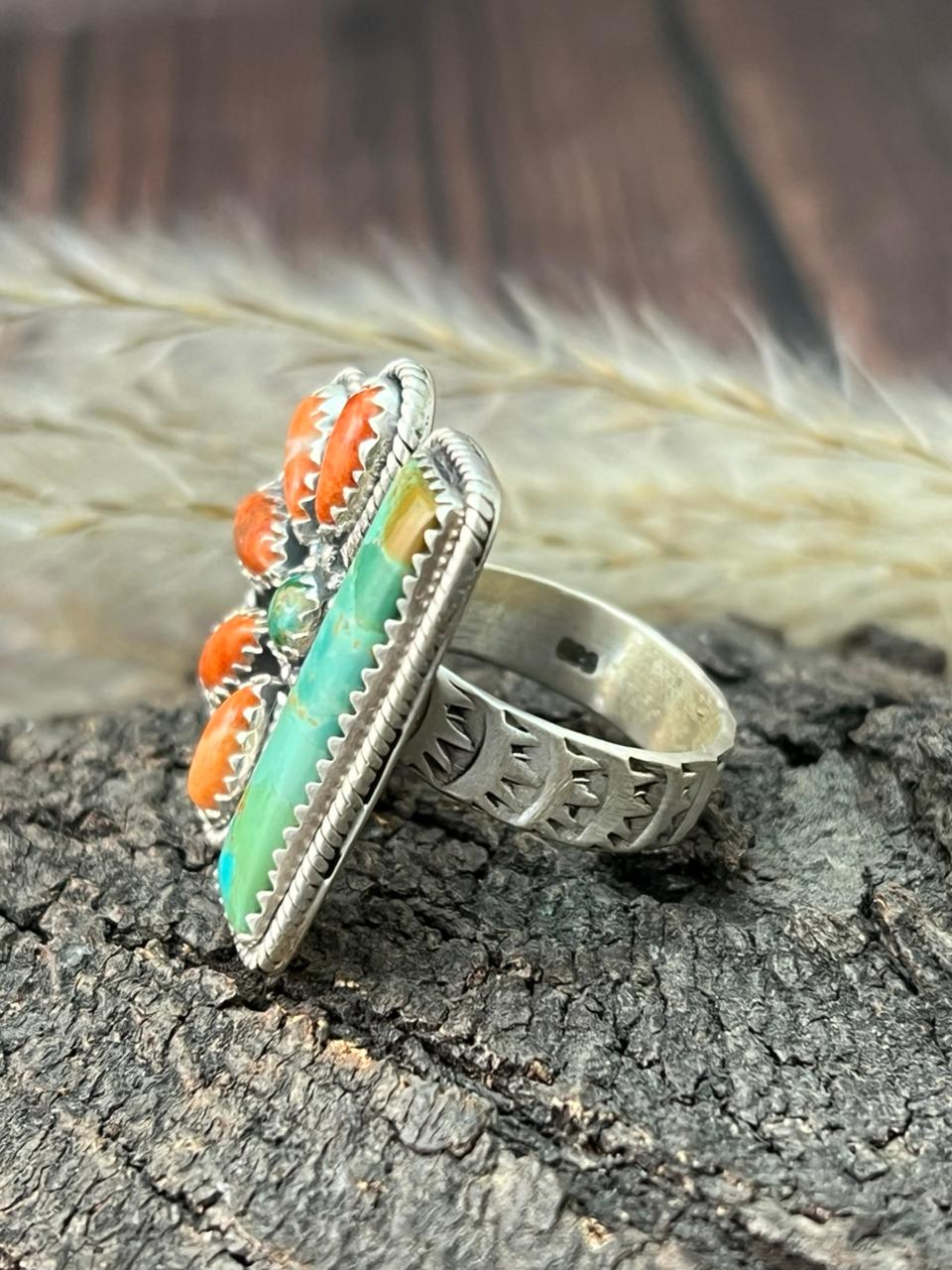Handmade Sterling Silver Kingman Turquoise with Orange Mojave Adjustable Ring "Signed Nizhoni"