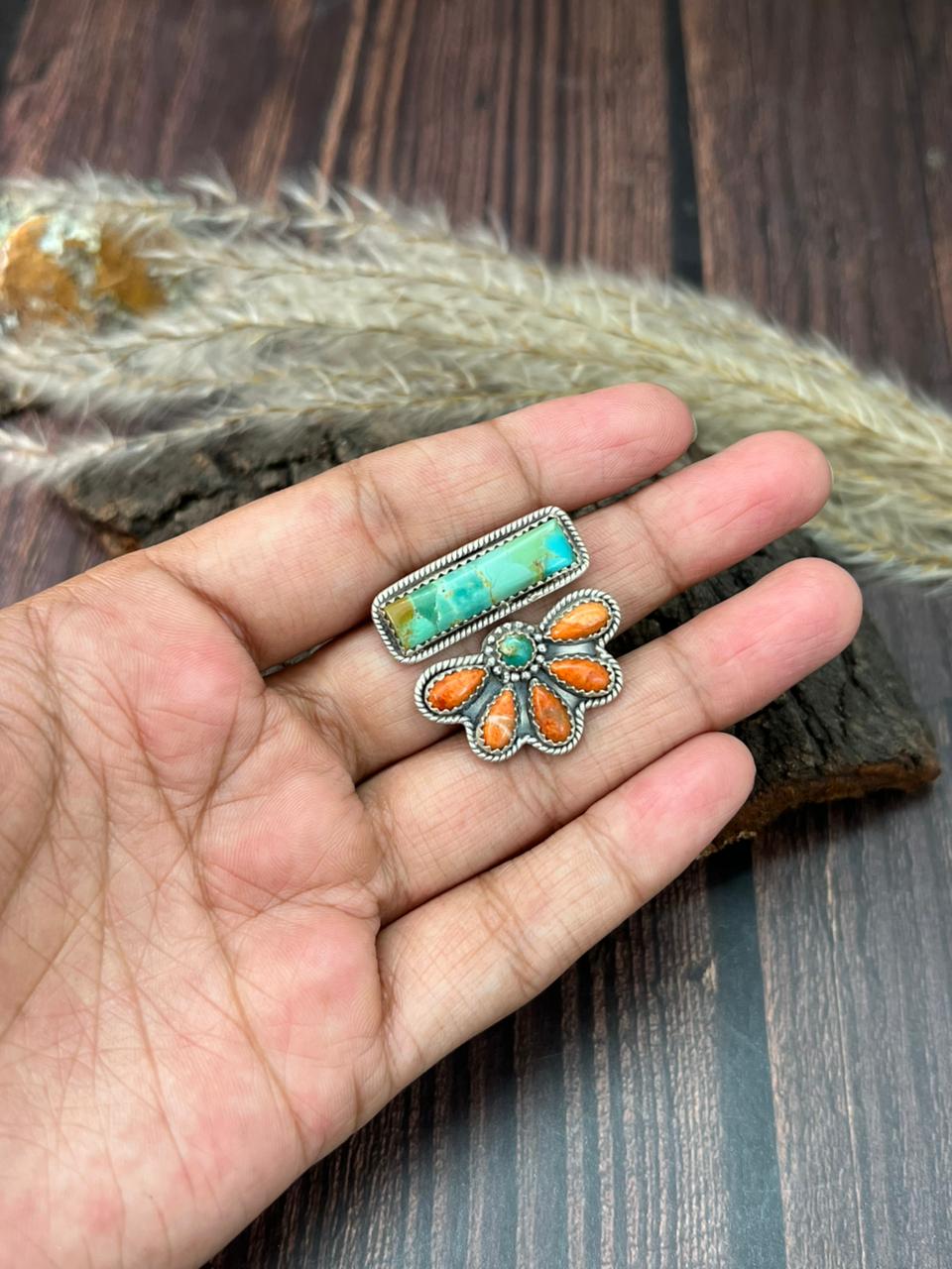 Handmade Sterling Silver Kingman Turquoise with Orange Mojave Adjustable Ring "Signed Nizhoni"