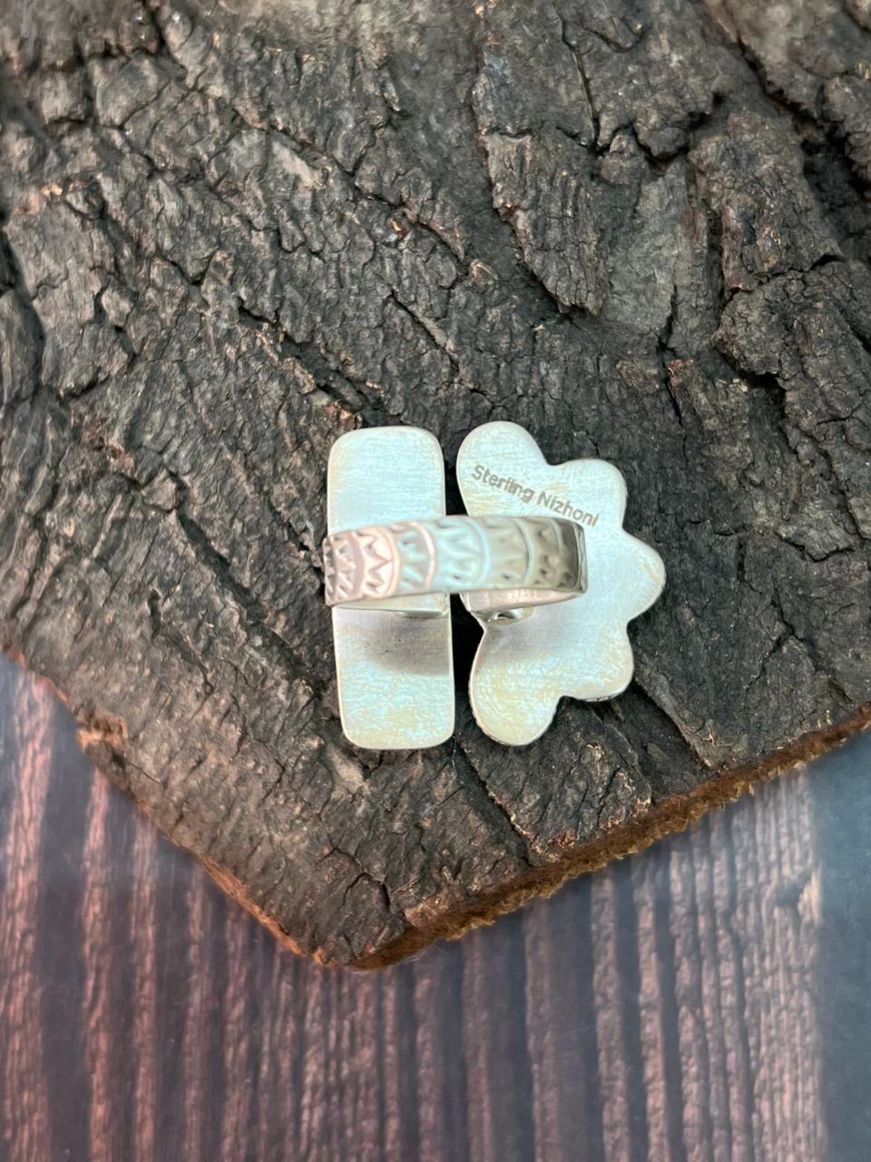 Handmade Sterling Silver Kingman Turquoise with Orange Mojave Adjustable Ring "Signed Nizhoni"
