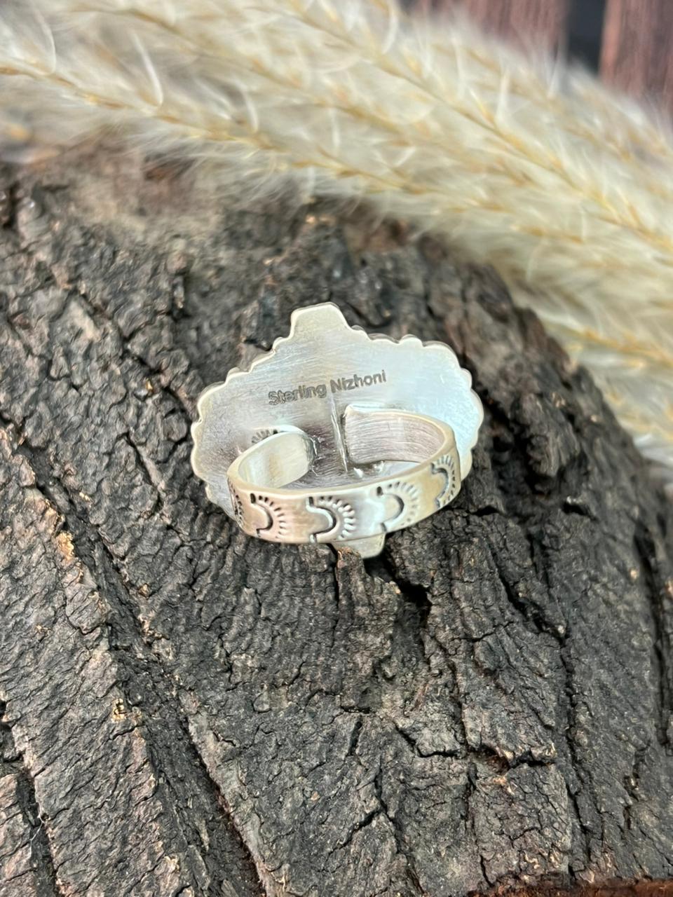 Handmade Sterling Silver Kingman Turquoise Adjustable Ring "Signed Nizhoni"