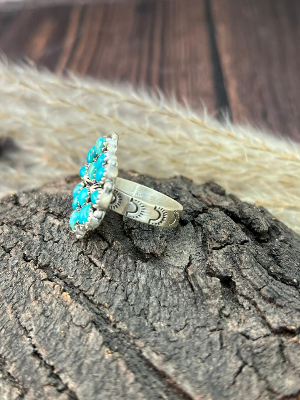 Handmade Sterling Silver Kingman Turquoise Adjustable Ring "Signed Nizhoni"