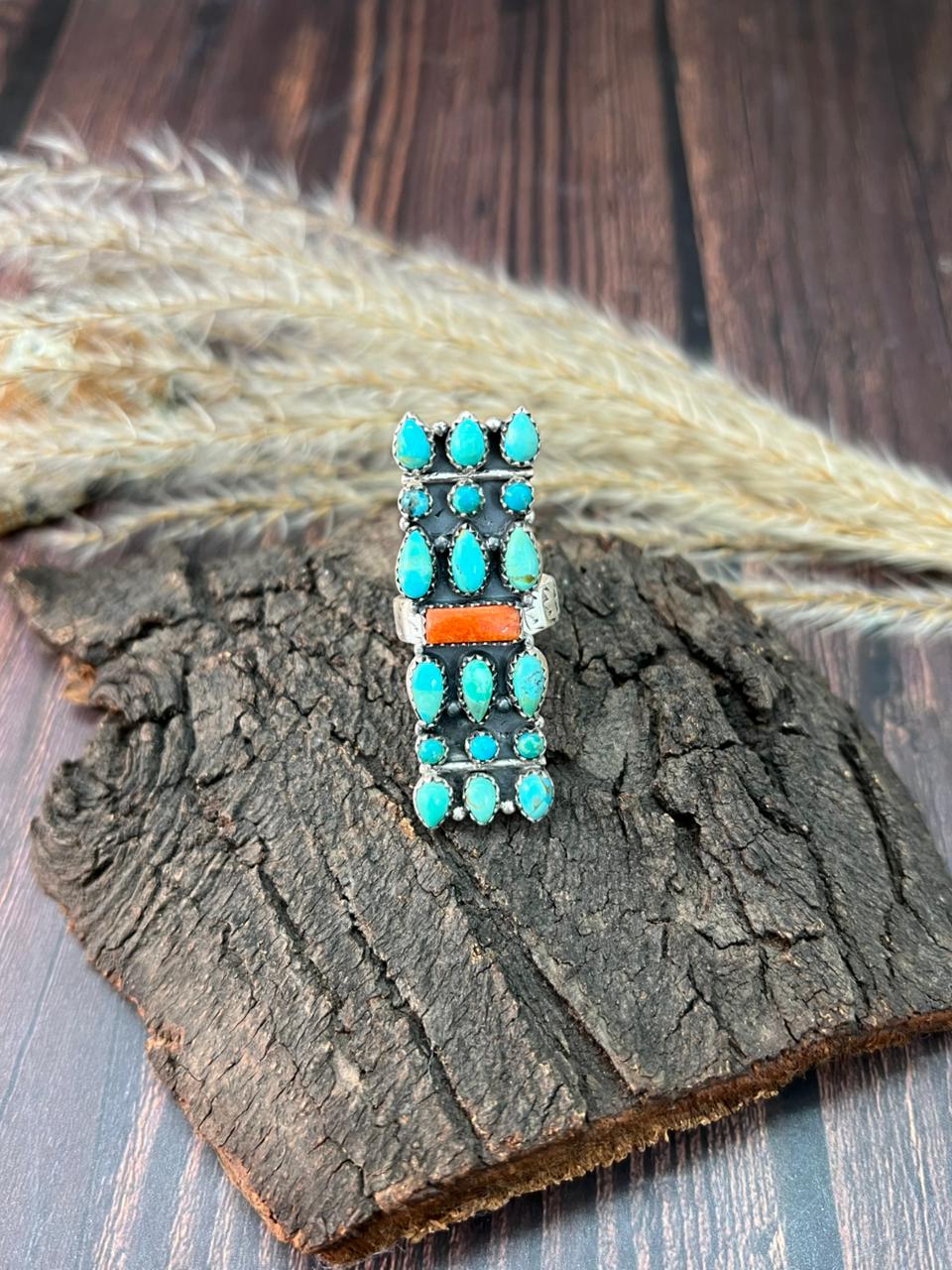 Handmade Sterling Silver Kingman Turquoise with Orange Mojave Adjustable Ring "Signed Nizhoni"