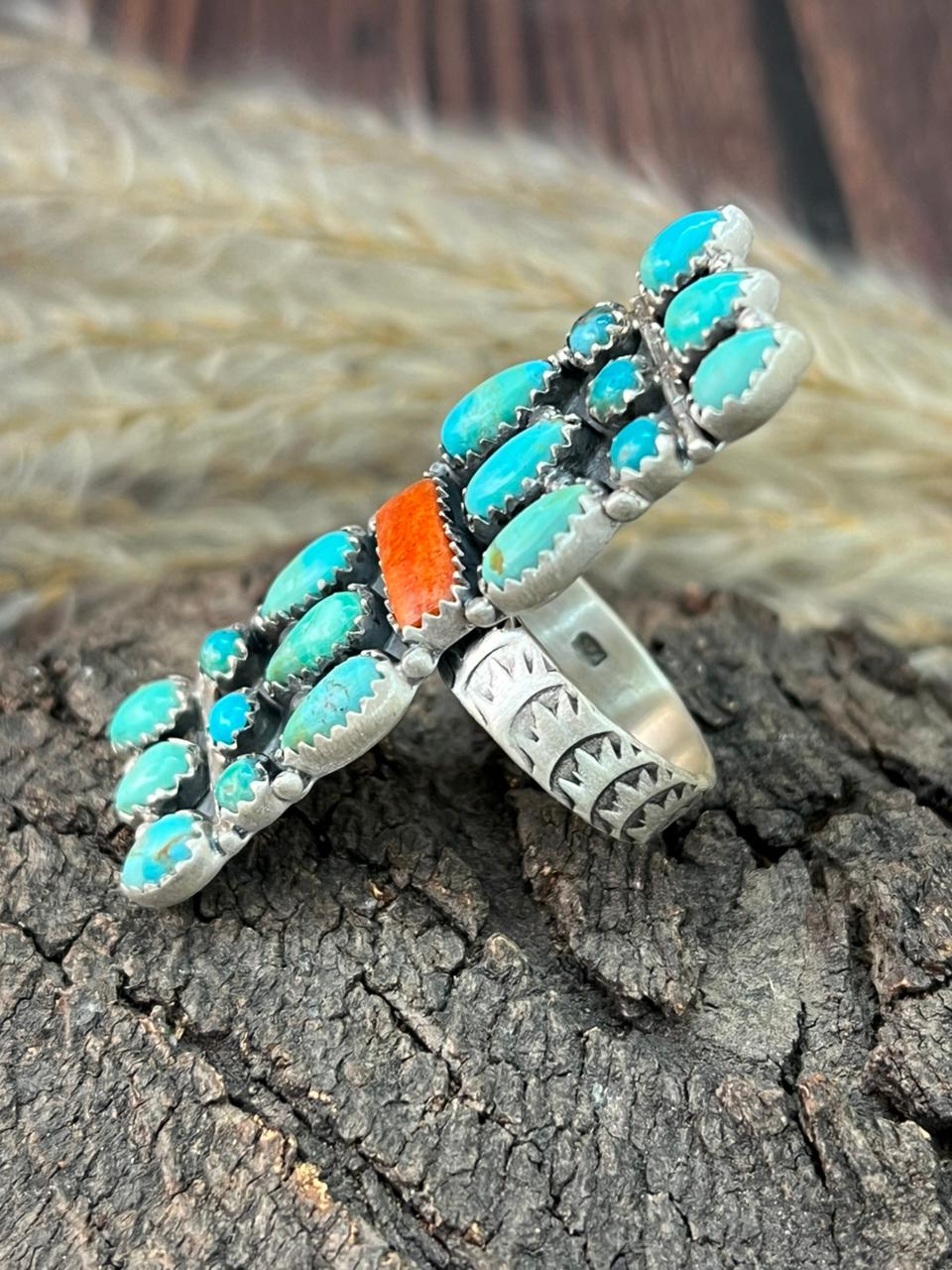 Handmade Sterling Silver Kingman Turquoise with Orange Mojave Adjustable Ring "Signed Nizhoni"