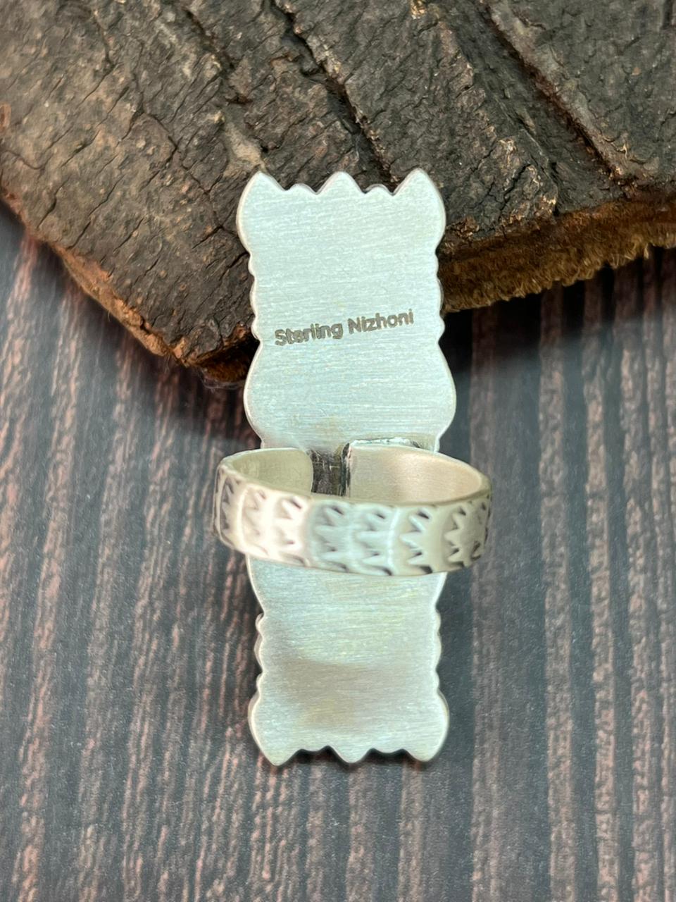 Handmade Sterling Silver Kingman Turquoise with Orange Mojave Adjustable Ring "Signed Nizhoni"