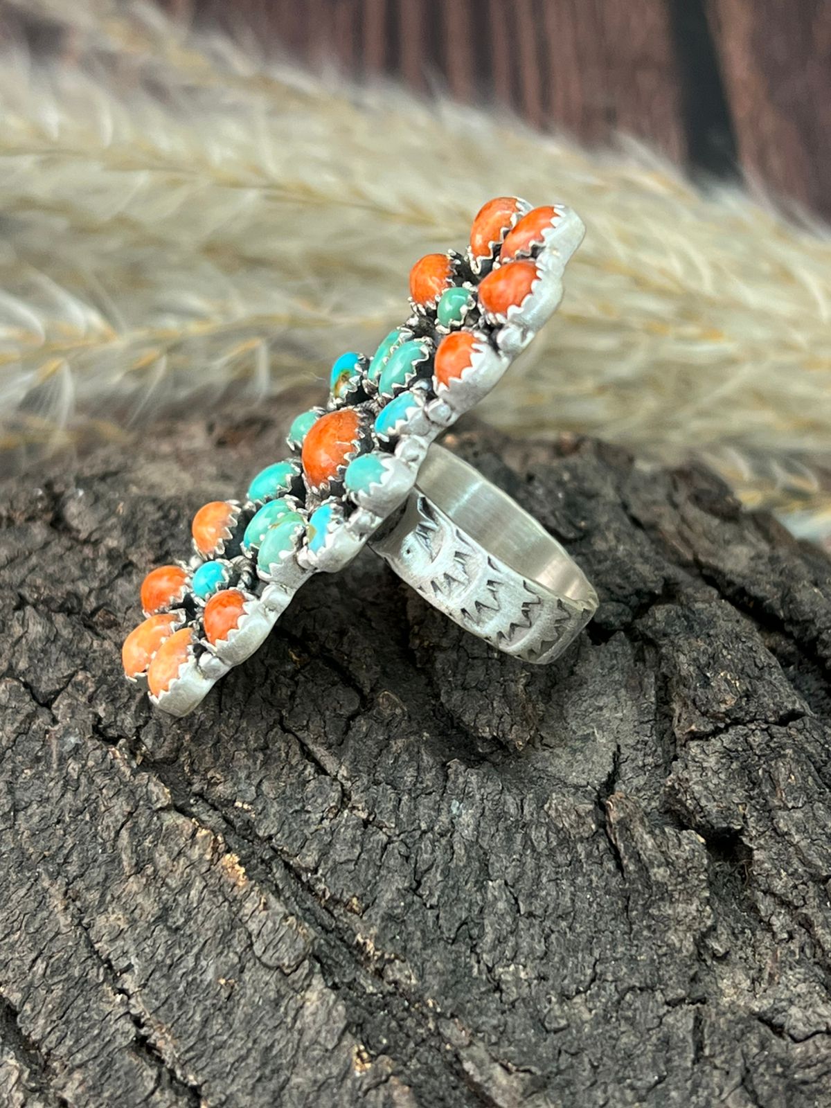 Handmade Sterling Silver Kingman Turquoise with Orange Mojave Adjustable Ring "Signed Nizhoni"