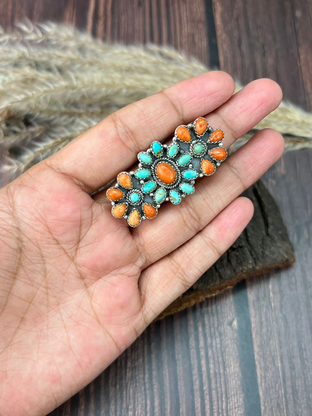 Handmade Sterling Silver Kingman Turquoise with Orange Mojave Adjustable Ring "Signed Nizhoni"