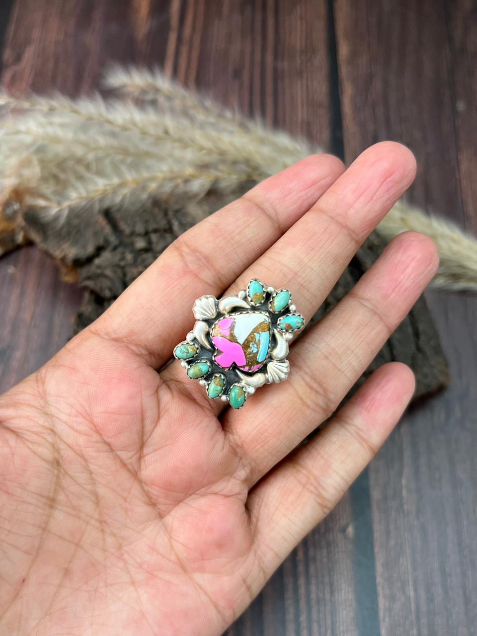 Handmade Sterling Silver Cotton Candy with Kingman Turquoise Adjustable Ring "Signed Nizhoni"