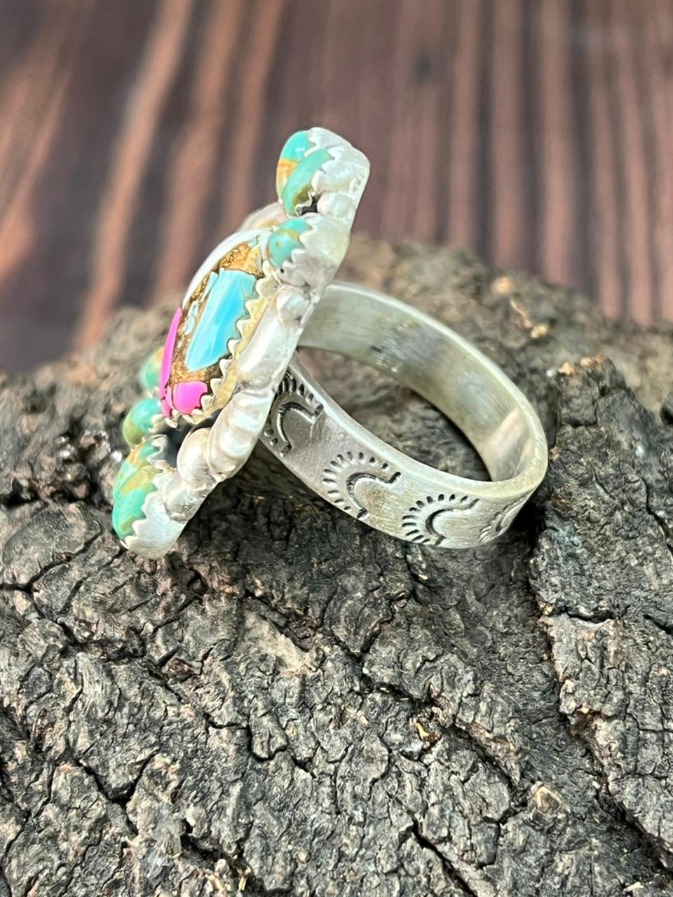 Handmade Sterling Silver Cotton Candy with Kingman Turquoise Adjustable Ring "Signed Nizhoni"