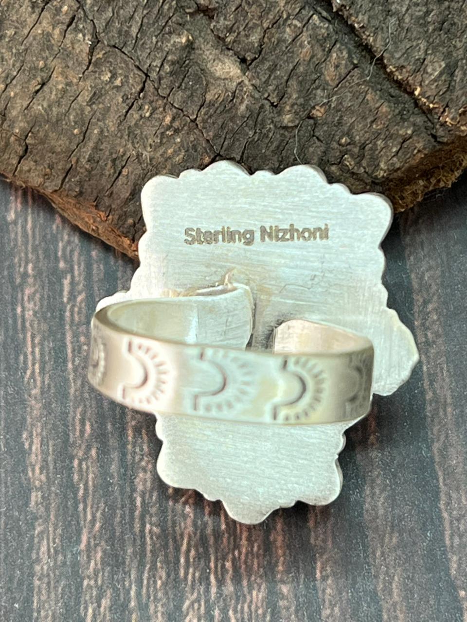 Handmade Sterling Silver Cotton Candy with Kingman Turquoise Adjustable Ring "Signed Nizhoni"
