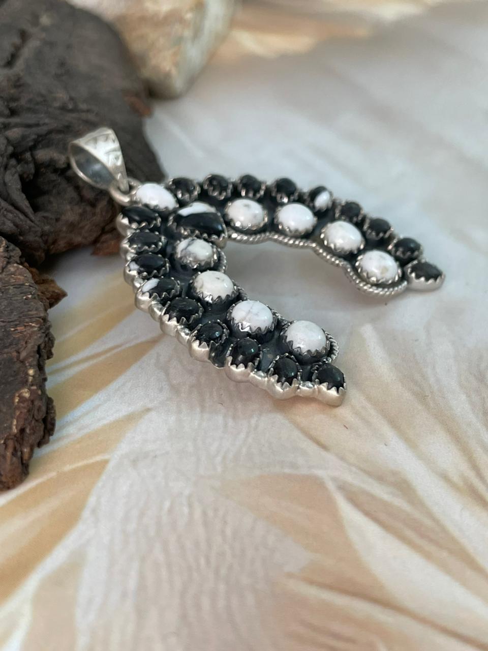 Handmade Sterling Silver White Buffalo Naja Pendant "Signed Nizhoni"