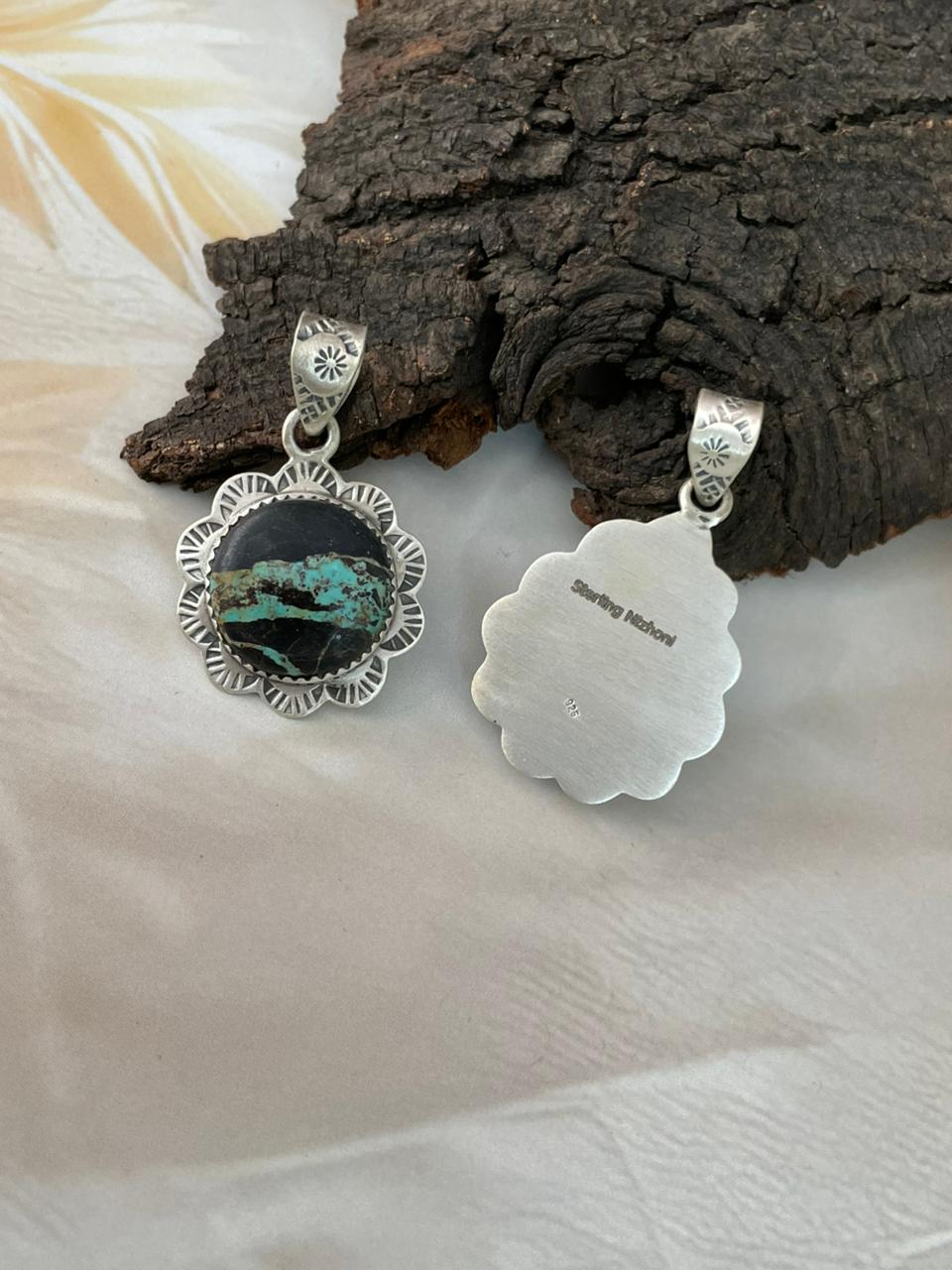 Handmade Sterling Silver Blackjack Turquoise Pendant "Signed Nizhoni" (6)
