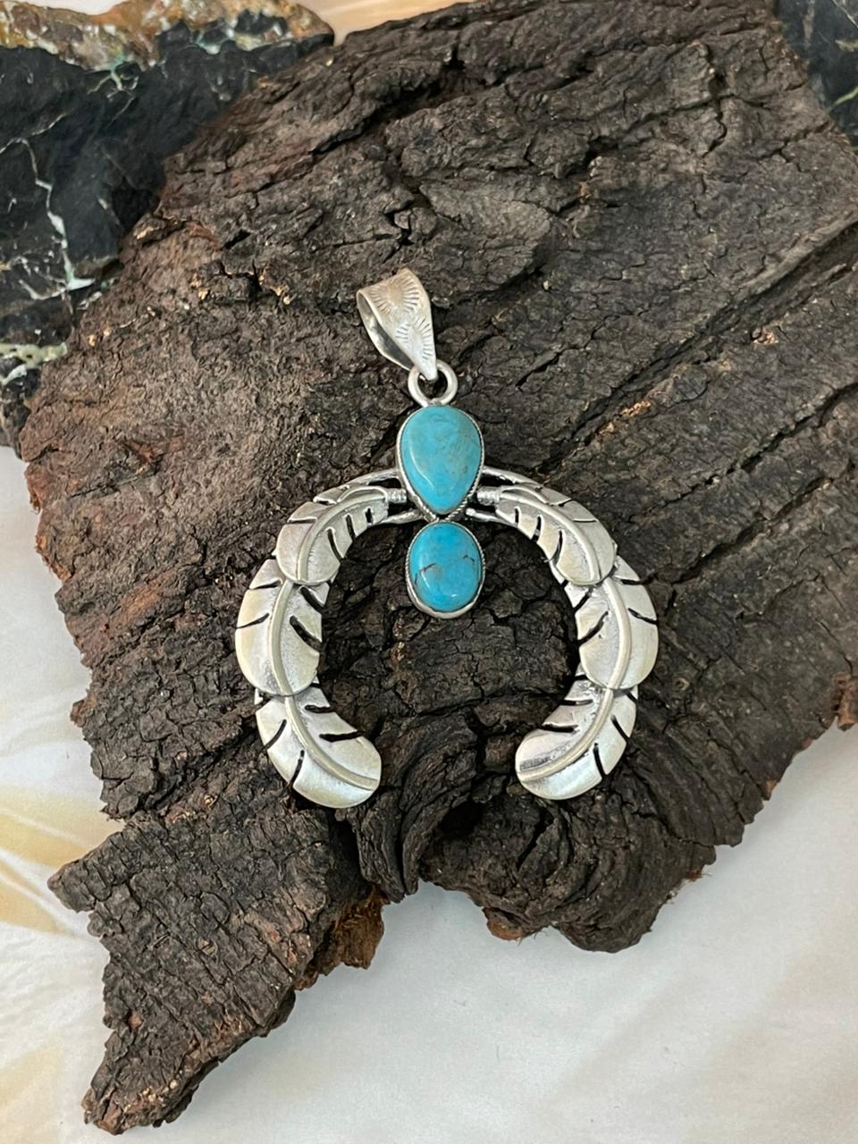 Handmade Sterling Silver Kingman Turquoise Naja Pendant "Signed Nizhoni"